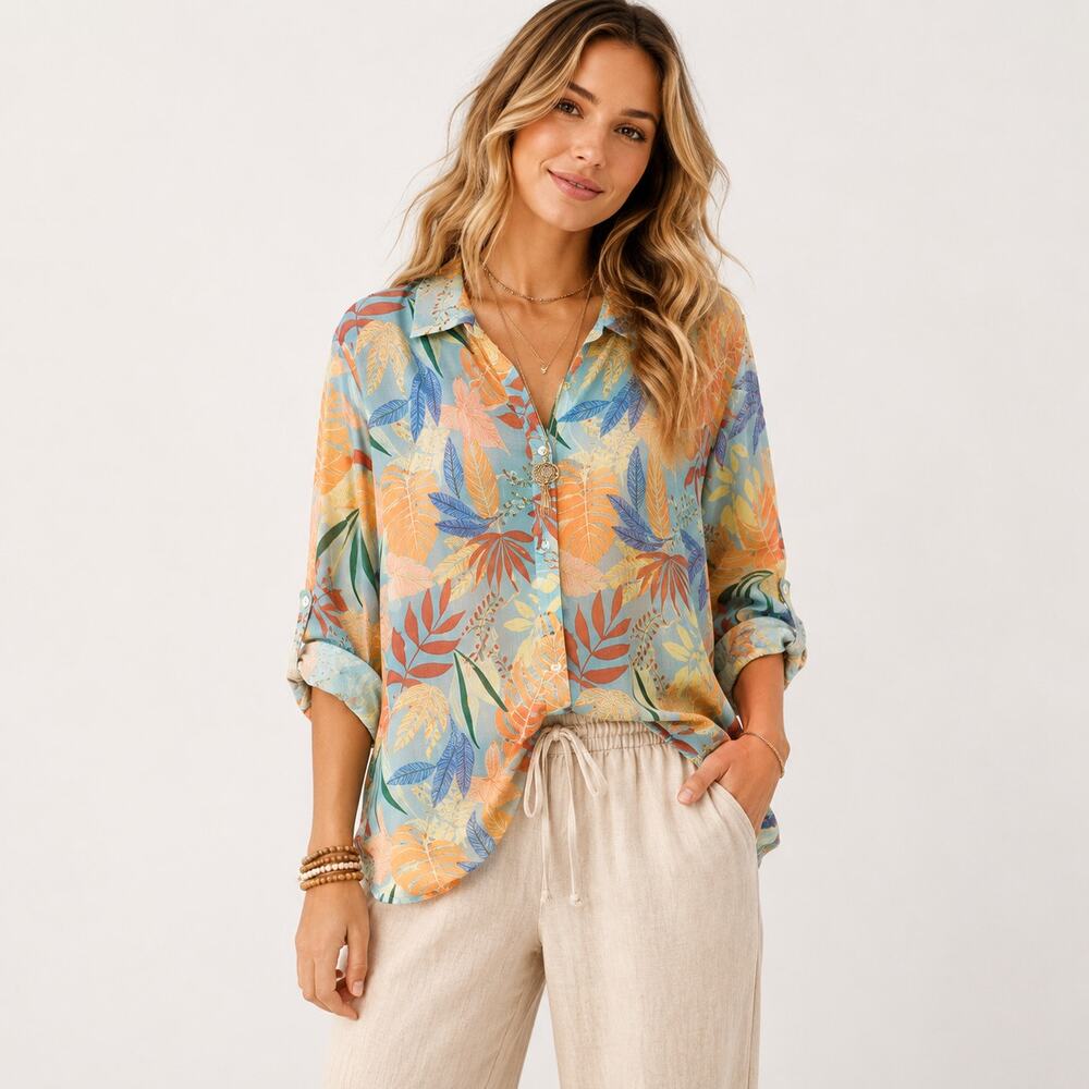 Talbots Button-Up Blouse Women's Size 3XP Blue Tropical Cotton Resort Coastal